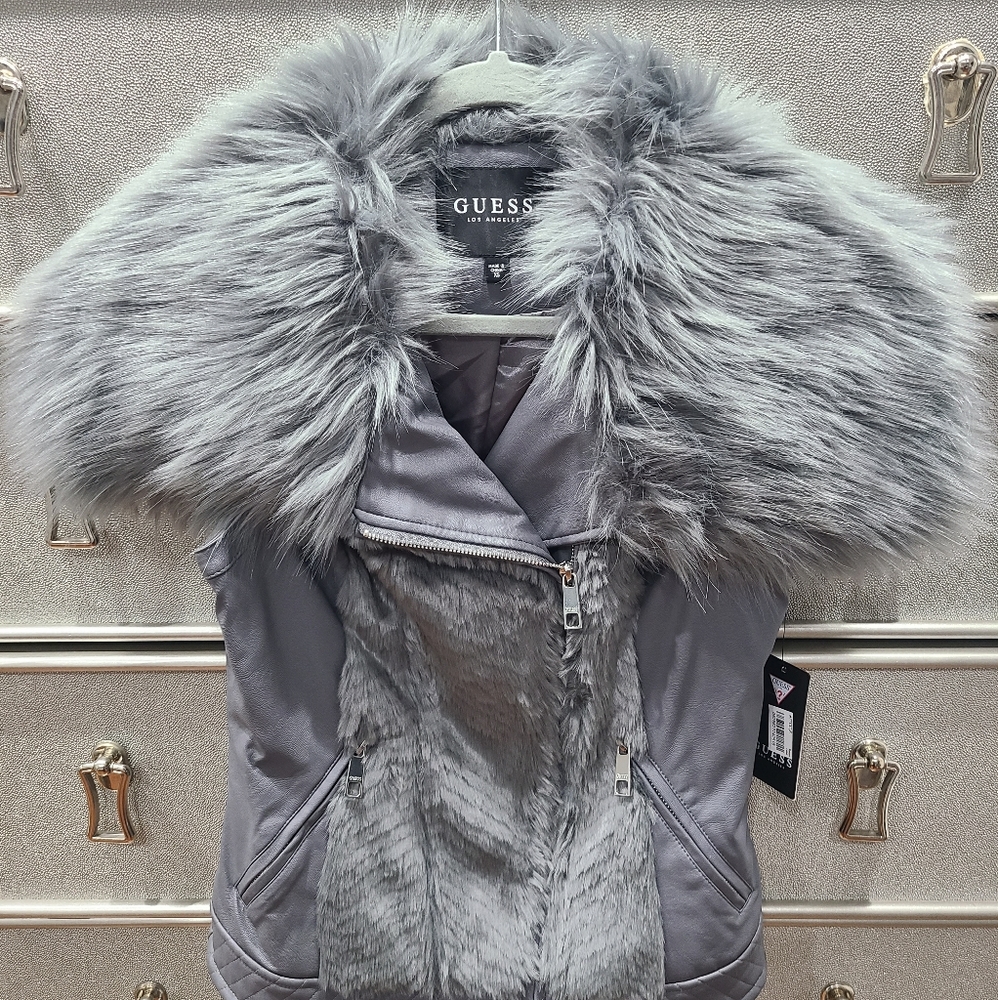 NWT, Women's Guess fur vest, grey, size XS, front zipper